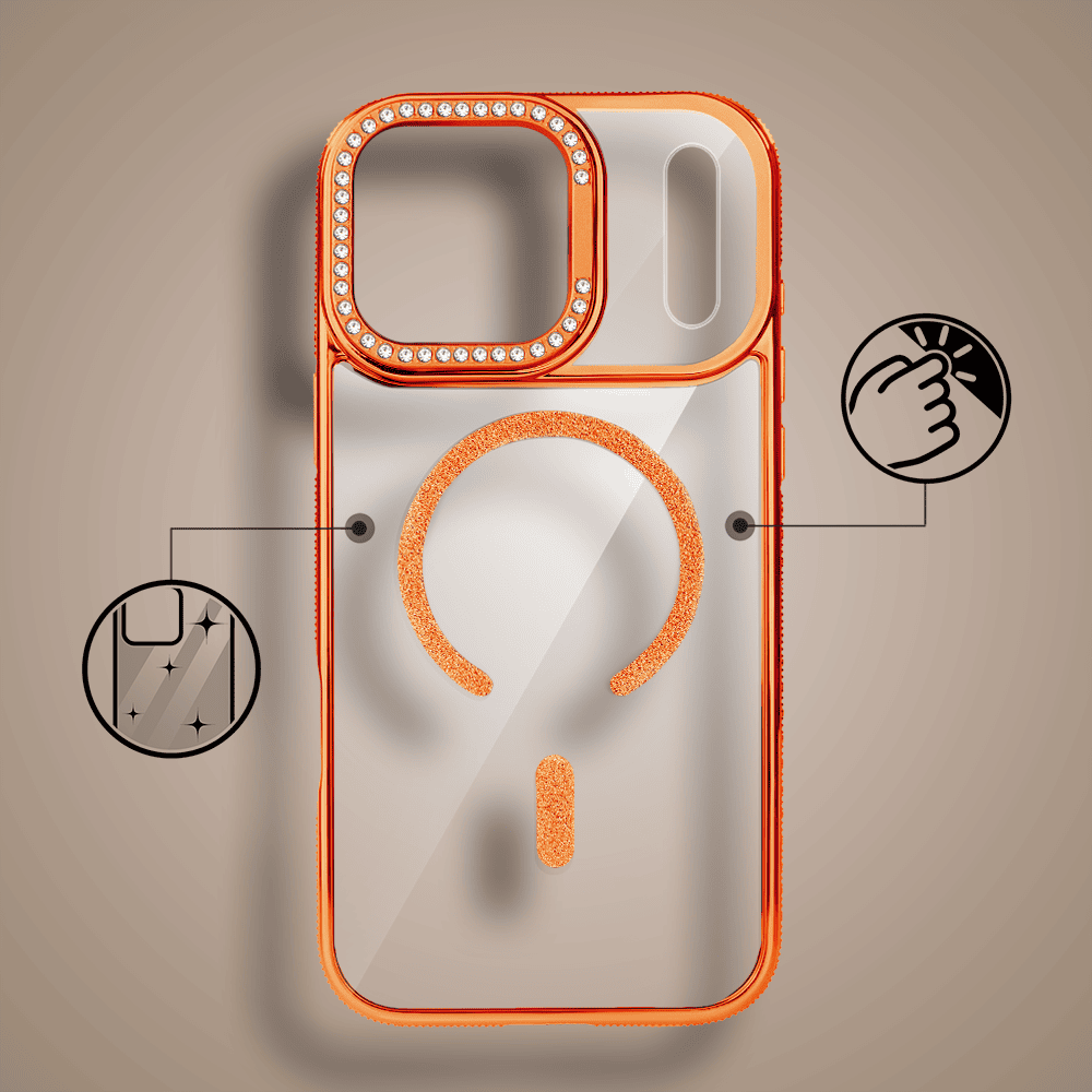 Etui do iPhone 17 Pro Max Diadem Glow, przeźroczyste z MagSafe, błyszczące z podstawką, pomarańczowe (3)