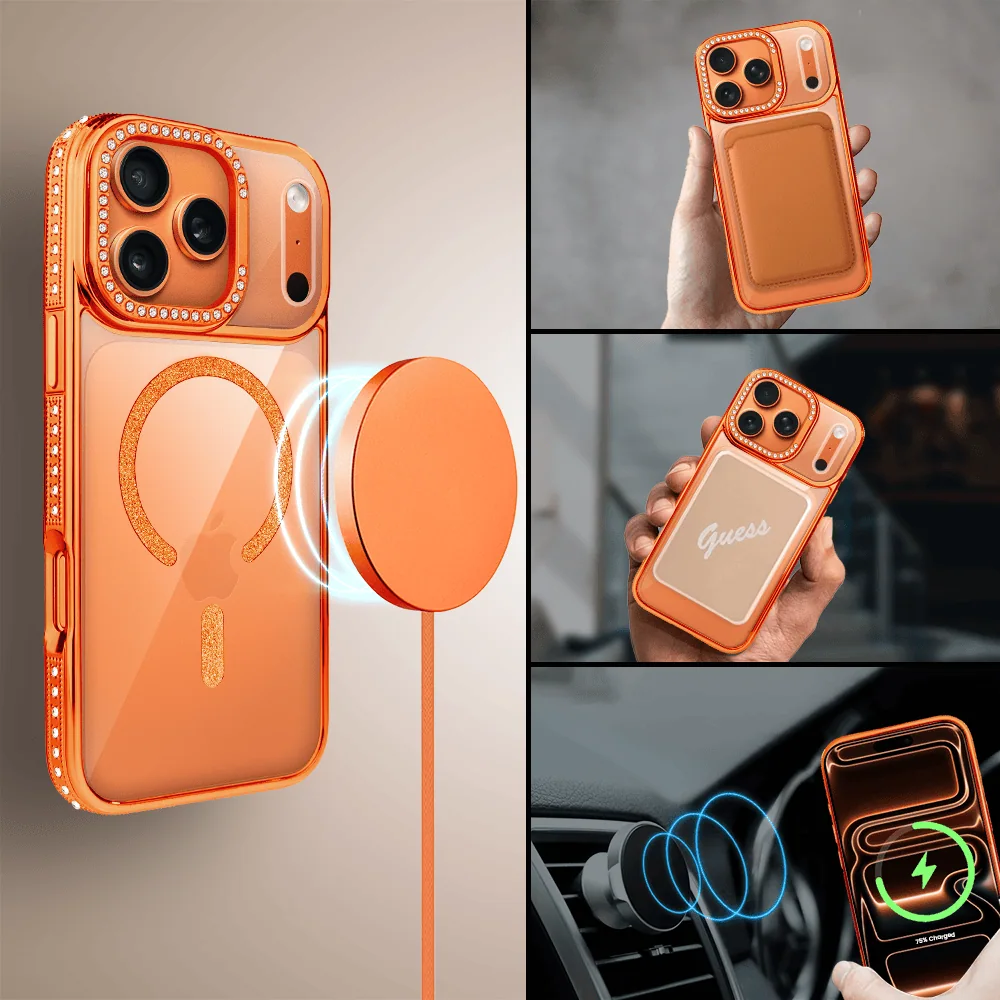 Etui do iPhone 17 Pro Max Diadem Glow, przeźroczyste z MagSafe, błyszczące z podstawką, pomarańczowe (4)