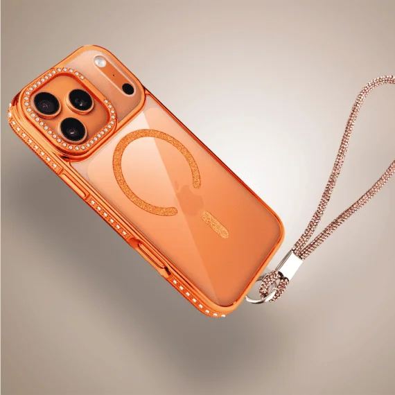 Etui do iPhone 17 Pro Max Diadem Glow, przeźroczyste z MagSafe, błyszczące z podstawką, pomarańczowe (5)