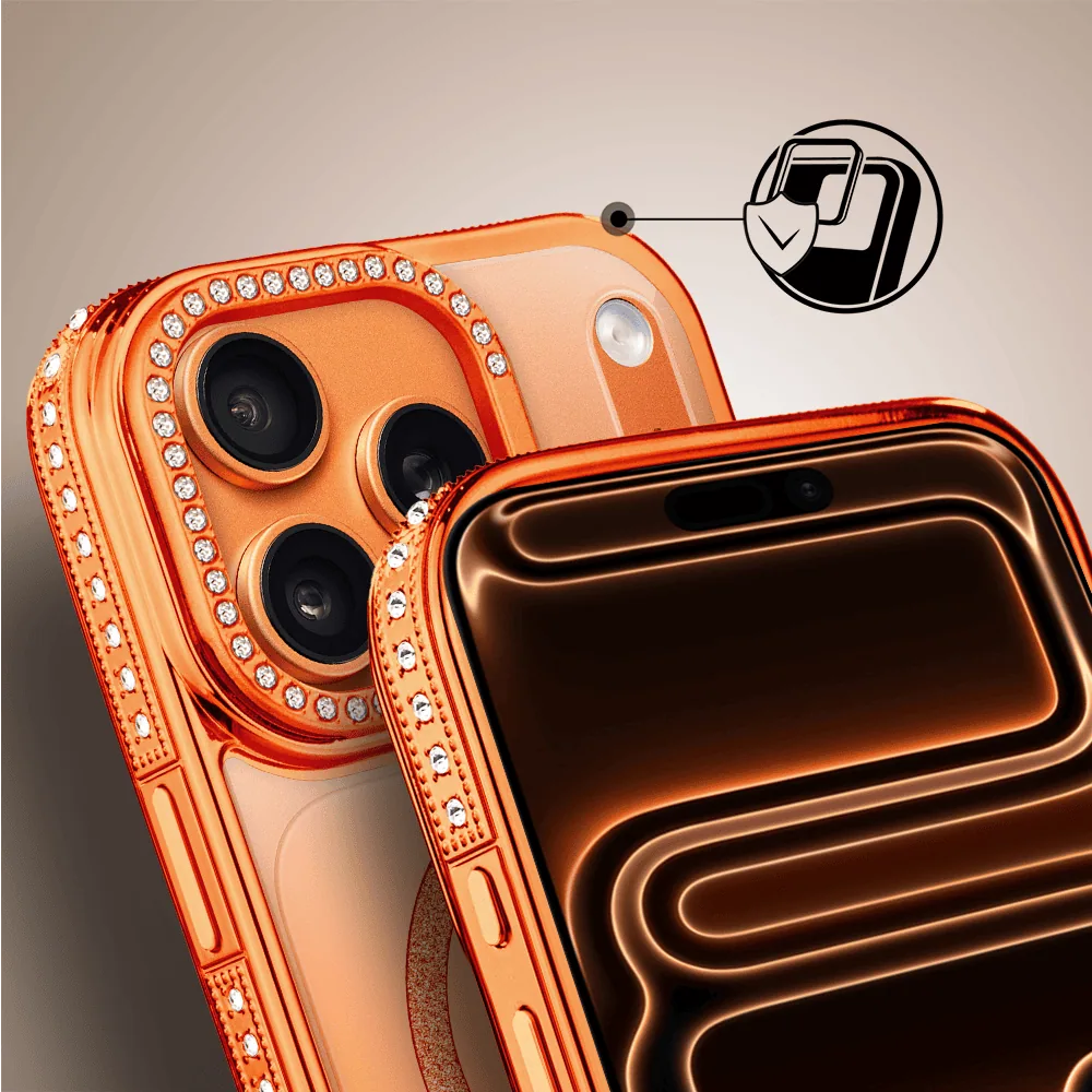 Etui do iPhone 17 Pro Max Diadem Glow, przeźroczyste z MagSafe, błyszczące z podstawką, pomarańczowe (6)