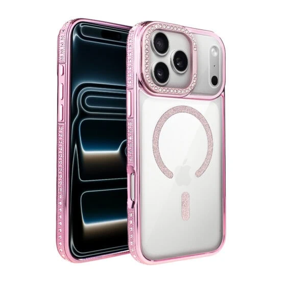 Etui do iPhone 17 Pro Max Diadem Glow, przeźroczyste z MagSafe, błyszczące z podstawką, różowe2