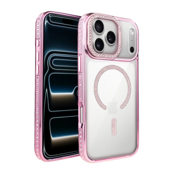 Etui do iPhone 17 Pro Max Diadem Glow, przeźroczyste z MagSafe, błyszczące z podstawką, różowe