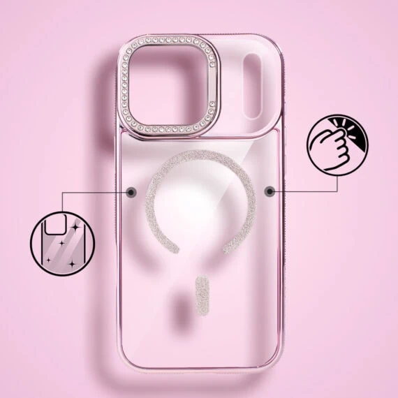 Etui do iPhone 17 Pro Max Diadem Glow, przeźroczyste z MagSafe, błyszczące z podstawką, różowe3