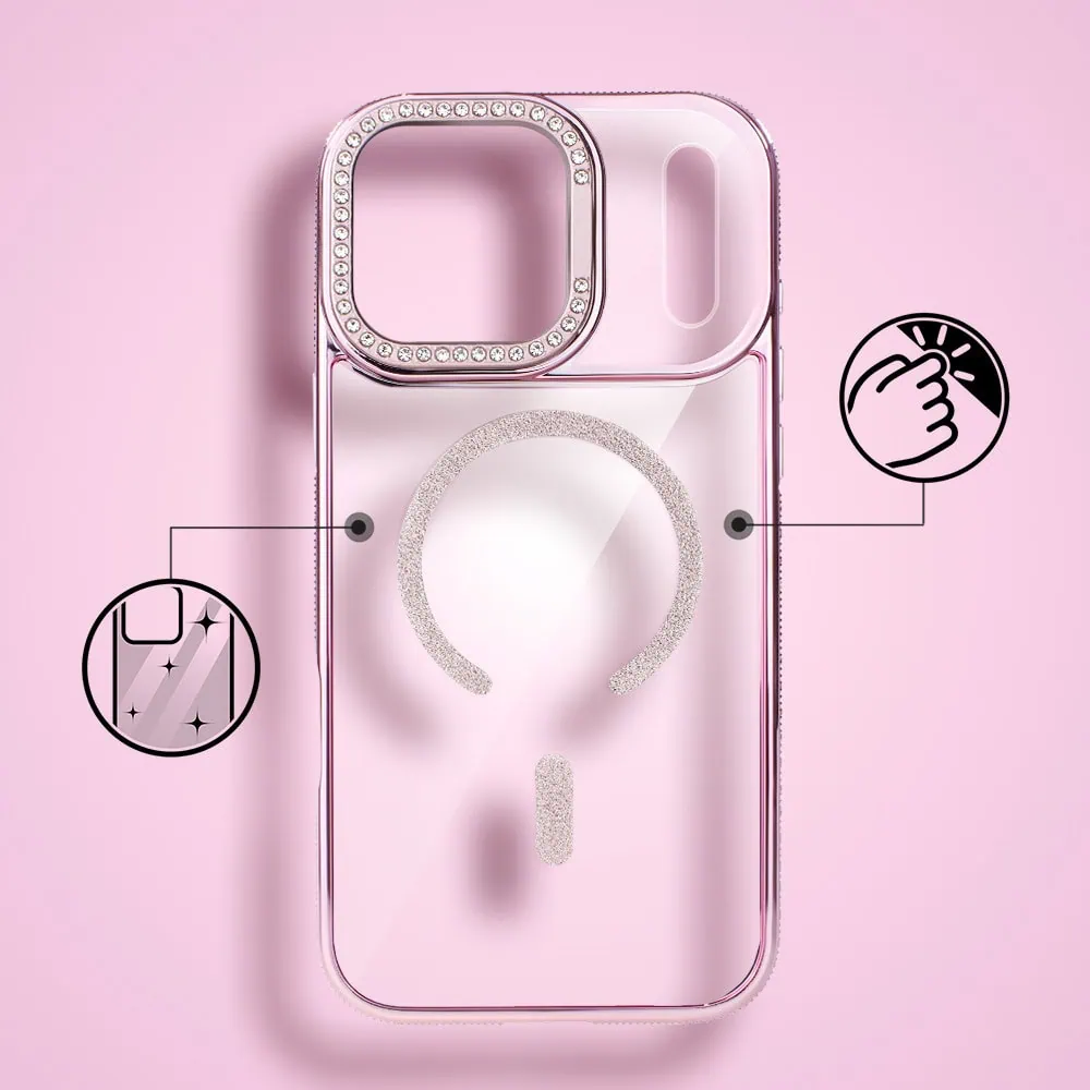Etui do iPhone 17 Pro Max Diadem Glow, przeźroczyste z MagSafe, błyszczące z podstawką, różowe3