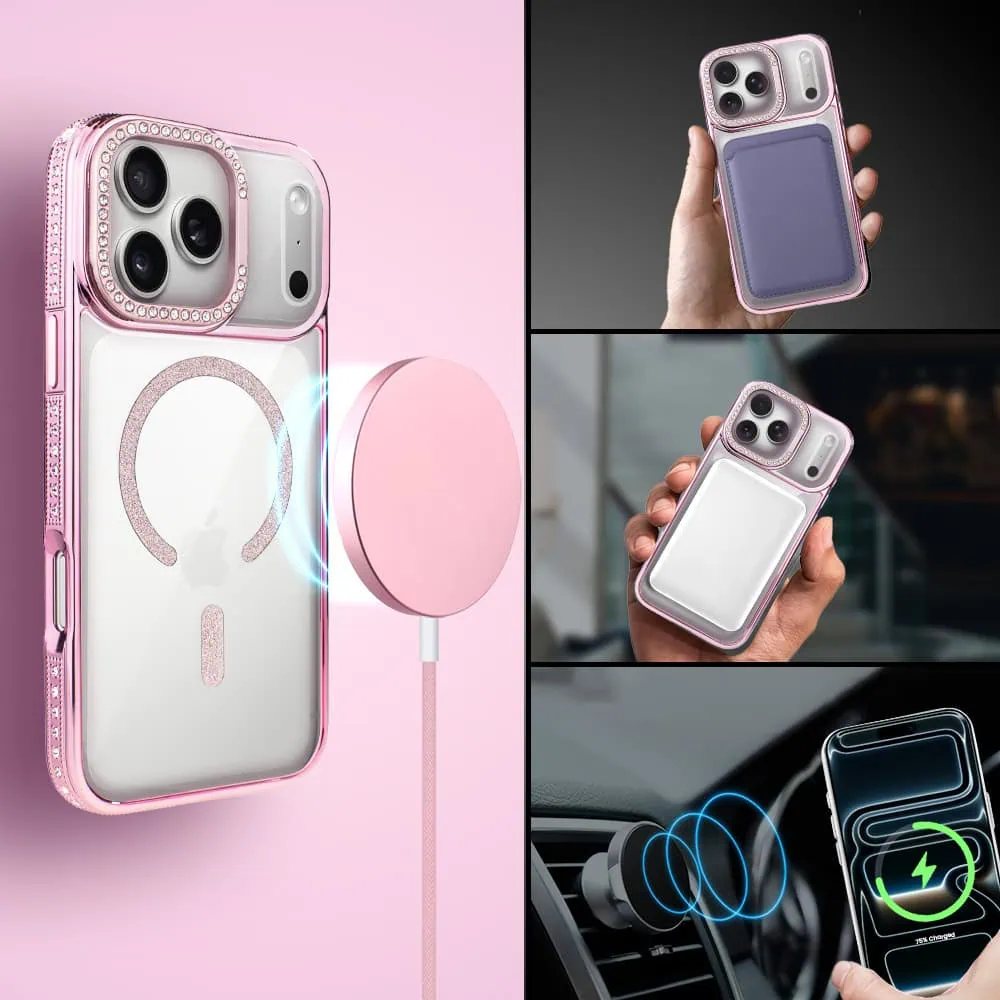 Etui do iPhone 17 Pro Max Diadem Glow, przeźroczyste z MagSafe, błyszczące z podstawką, różowe4
