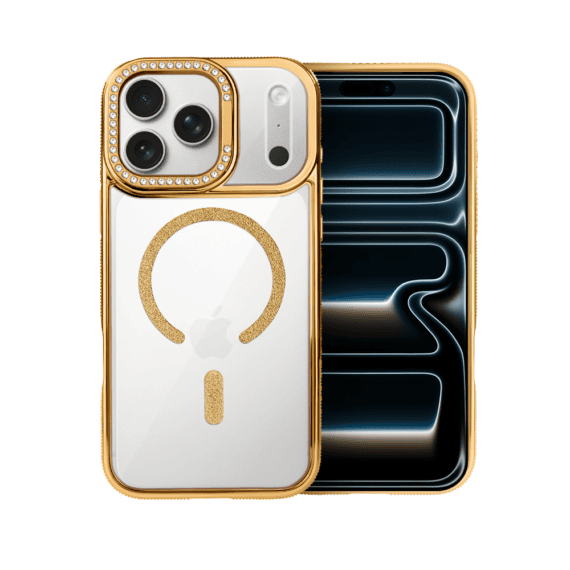 Etui do iPhone 17 Pro Max Diadem Glow, przeźroczyste z MagSafe, błyszczące z podstawką, złote (1)