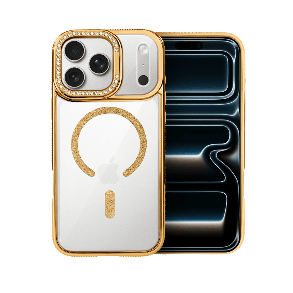 Etui do iPhone 17 Pro Max Diadem Glow, przeźroczyste z MagSafe, błyszczące z podstawką, złote (1)