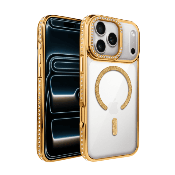 Etui do iPhone 17 Pro Max Diadem Glow, przeźroczyste z MagSafe, błyszczące z podstawką, złote (2)