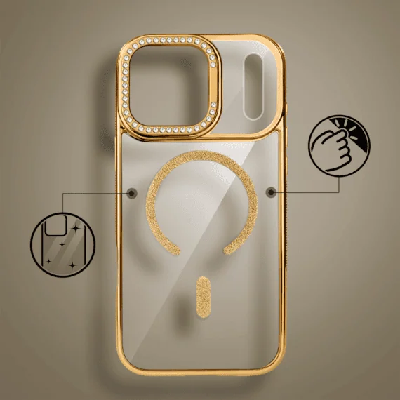 Etui do iPhone 17 Pro Max Diadem Glow, przeźroczyste z MagSafe, błyszczące z podstawką, złote (3)