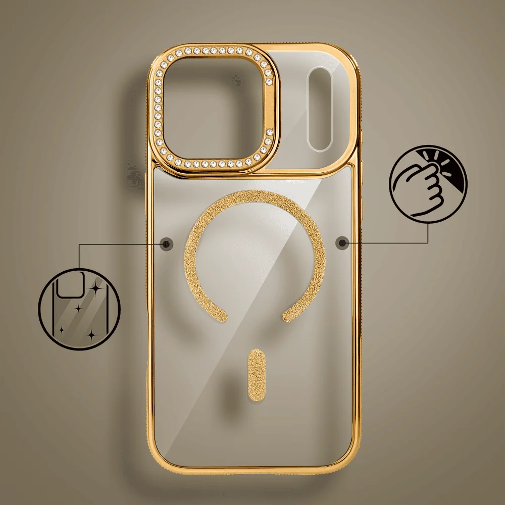 Etui do iPhone 17 Pro Max Diadem Glow, przeźroczyste z MagSafe, błyszczące z podstawką, złote (3)