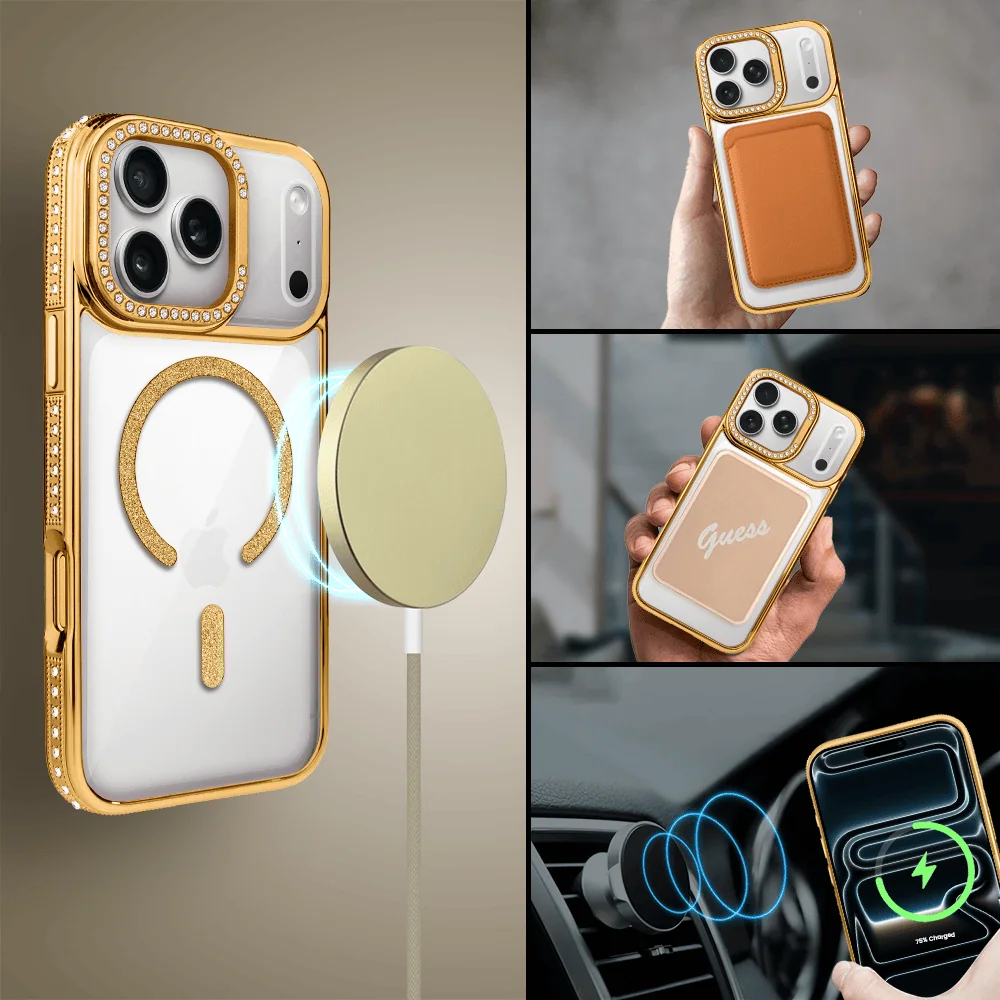Etui do iPhone 17 Pro Max Diadem Glow, przeźroczyste z MagSafe, błyszczące z podstawką, złote (4)