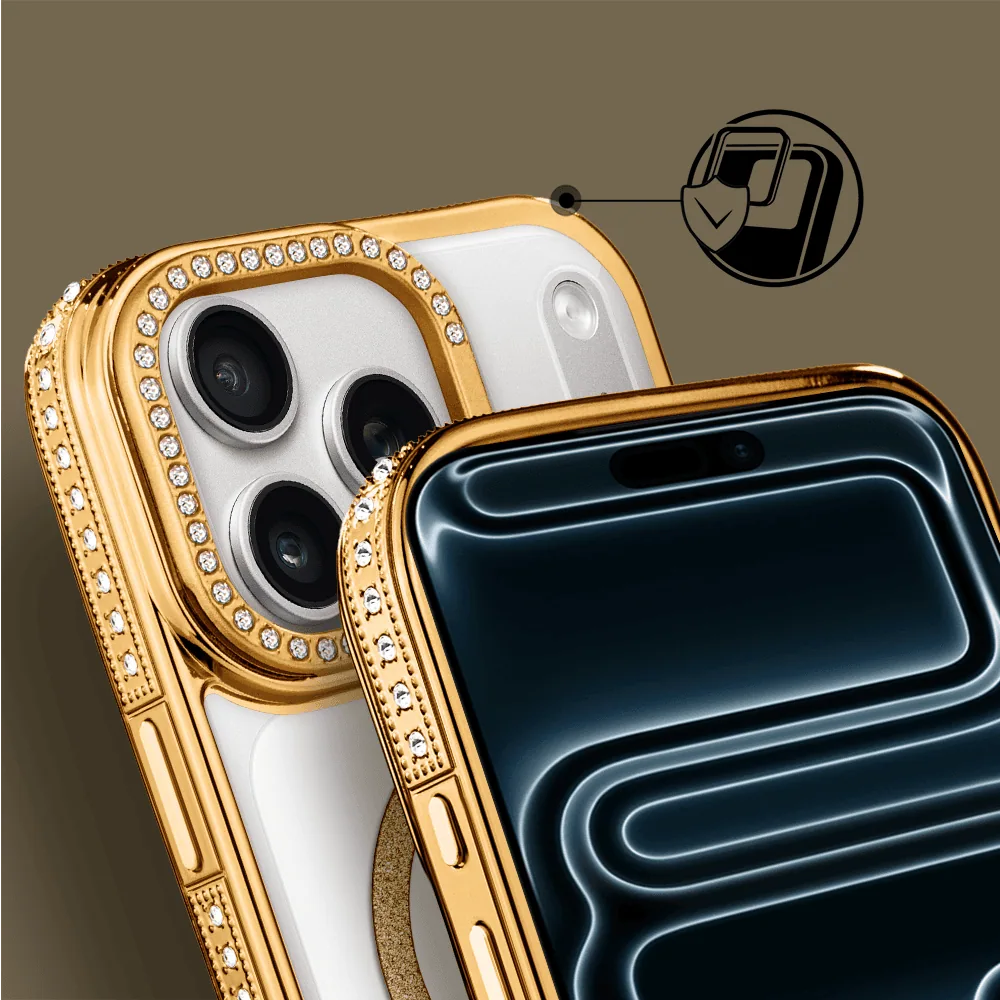 Etui do iPhone 17 Pro Max Diadem Glow, przeźroczyste z MagSafe, błyszczące z podstawką, złote (6)
