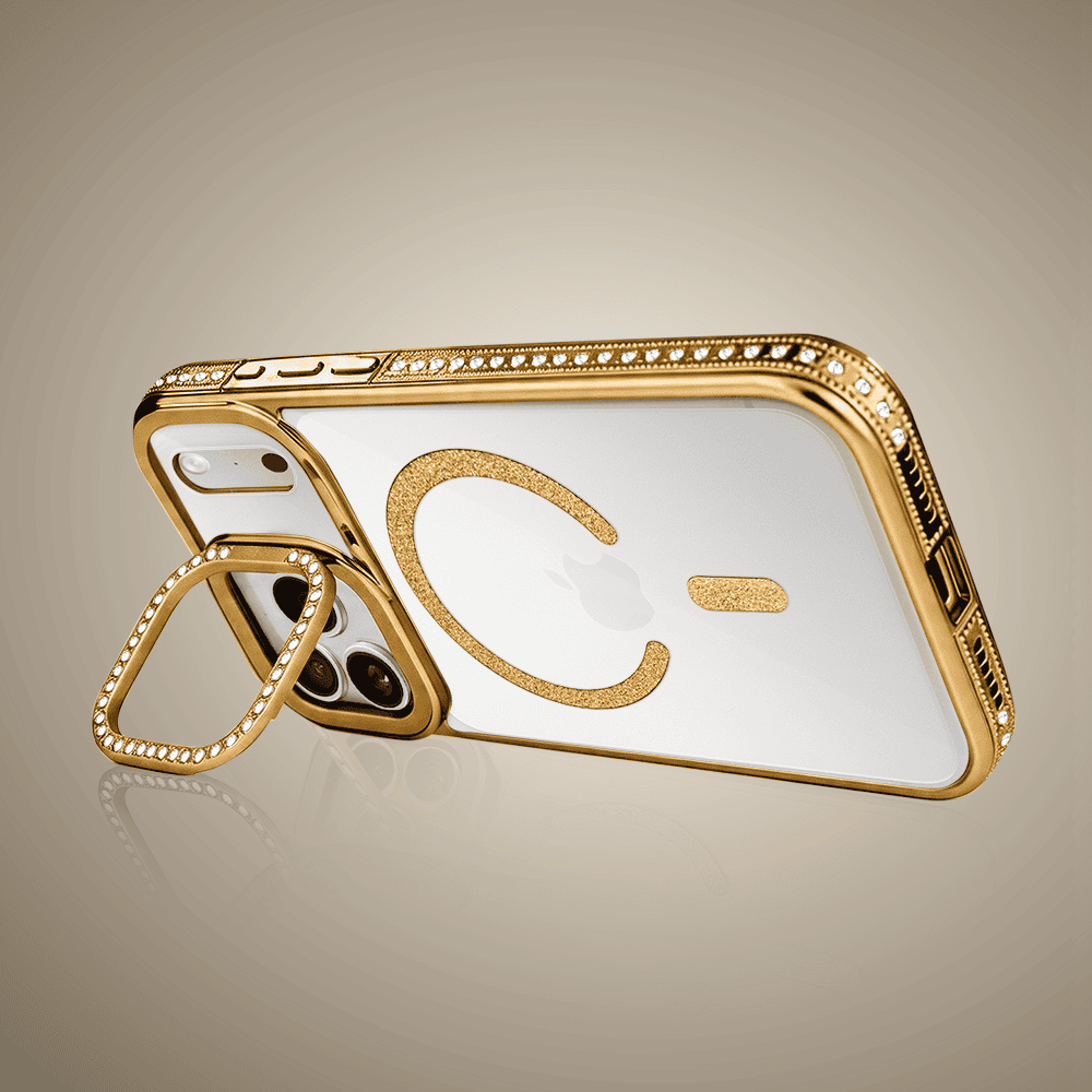 Etui do iPhone 17 Pro Max Diadem Glow, przeźroczyste z MagSafe, błyszczące z podstawką, złote (9)