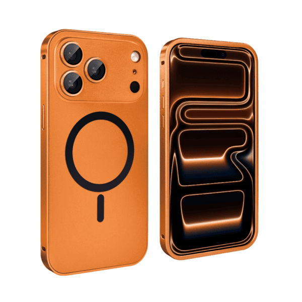 Etui do iPhone 17 Pro Max Metal Solid MagSafe, pełny tył z metalową ramką i osłoną aparatu, pomarańczowy