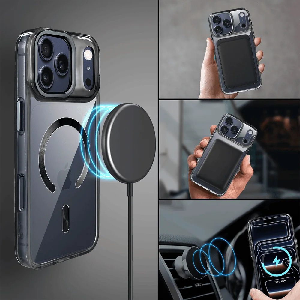 Etui do iPhone 17 Pro Super Hybrid z MagSafe, twardy tył, metalowe ozdoby, czarne (5)