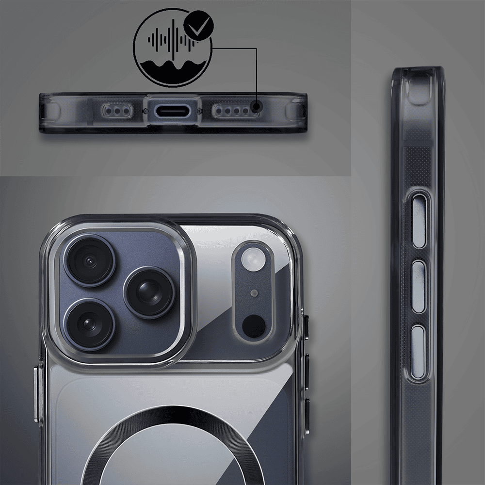 Etui do iPhone 17 Pro Super Hybrid z MagSafe, twardy tył, metalowe ozdoby, czarne (8)