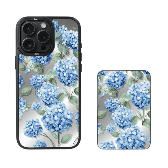 Zestaw IBIZU do iPhone 15 Pro etui i powerbank, Relief Garden, Szafirowa hortensja (1)