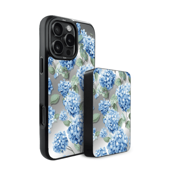Zestaw IBIZU do iPhone 16 Pro Max: etui i powerbank, Relief Garden, Szafirowa hortensja