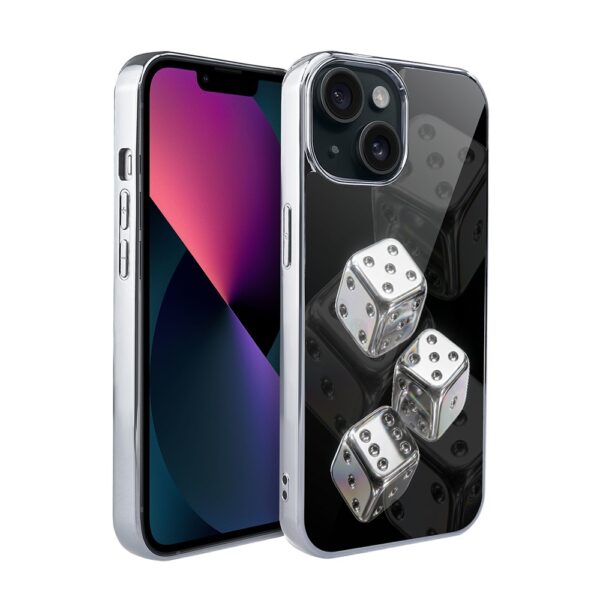 Etui do iPhone 13, Elite Glass, szklany tył,  Nocturne, Kości do gry, srebrne