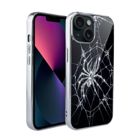 Etui do iPhone 13, Elite Glass, szklany tył, Nocturne, Kryształowy pająk, srebrne (6)
