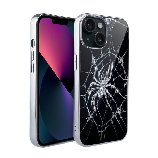 Etui do iPhone 13, Elite Glass, szklany tył,  Nocturne, Kryształowy pająk, srebrne