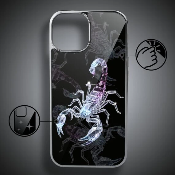 Etui do iPhone 13, Elite Glass, szklany tył, Nocturne, Kryształowy skorpion, srebrne (1)
