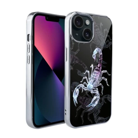 Etui do iPhone 13, Elite Glass, szklany tył, Nocturne, Kryształowy skorpion, srebrne (7)