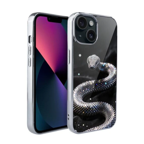 Etui do iPhone 13, Elite Glass, szklany tył, Nocturne, Kryształowy wąż, srebrne (6)