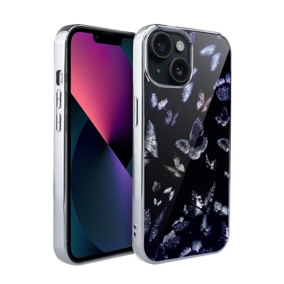Etui do iPhone 13, Elite Glass, szklany tył, Nocturne, Nocne Motyle, srebrne (1)