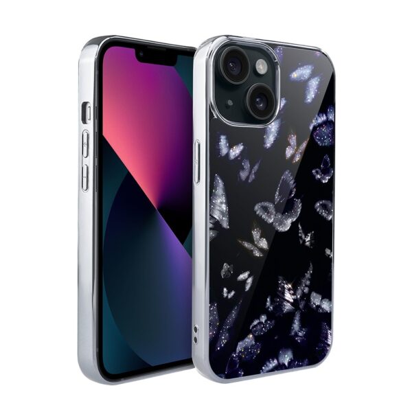 Etui do iPhone 13, Elite Glass, szklany tył,  Nocturne, Nocne motyle, srebrne