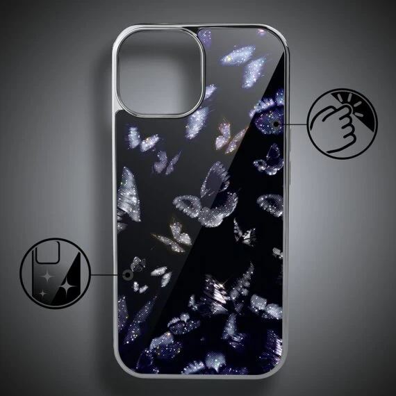 Etui do iPhone 13, Elite Glass, szklany tył, Nocturne, Nocne Motyle, srebrne (2)