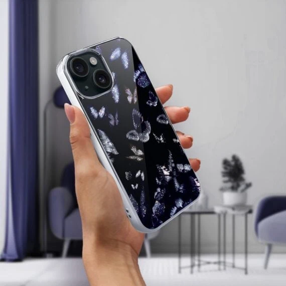 Etui do iPhone 13, Elite Glass, szklany tył, Nocturne, Nocne Motyle, srebrne (5)