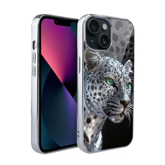 Etui do iPhone 13, Elite Glass, szklany tył, Nocturne, Oczy pantery, srebrne (7)