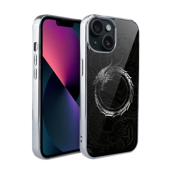 Etui do iPhone 13, Elite Glass, szklany tył, Nocturne, Uroboros - smoczy krąg, srebrne (1)