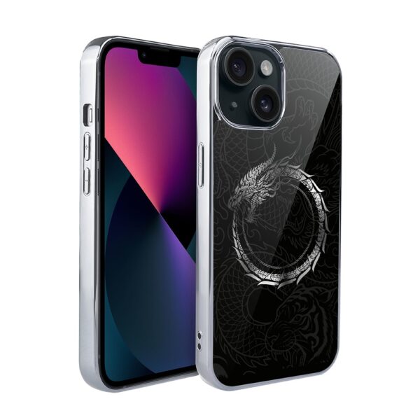 Etui do iPhone 13, Elite Glass, szklany tył,  Nocturne, Uroboros – smoczy krąg, srebrne