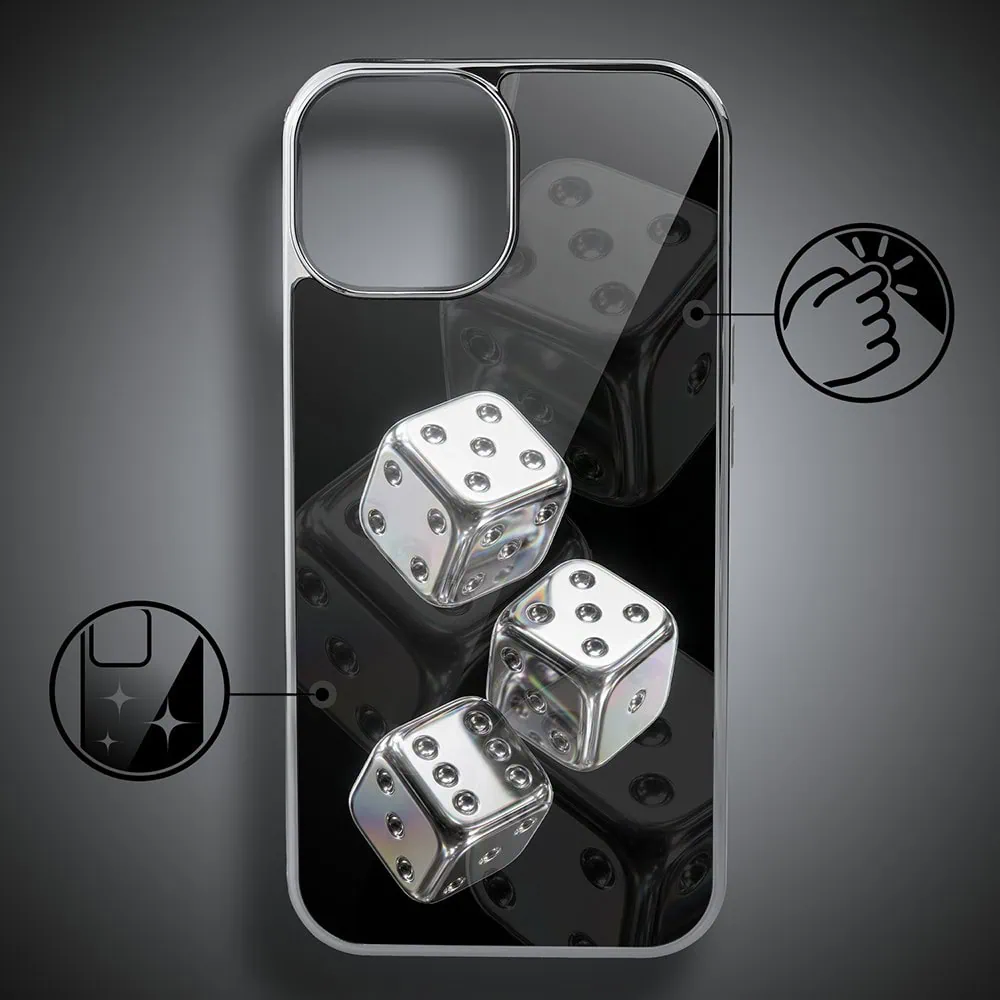Etui do iPhone 14, Elite Glass, szklany tył, Nocturne, Kości do gry, srebrne (1)