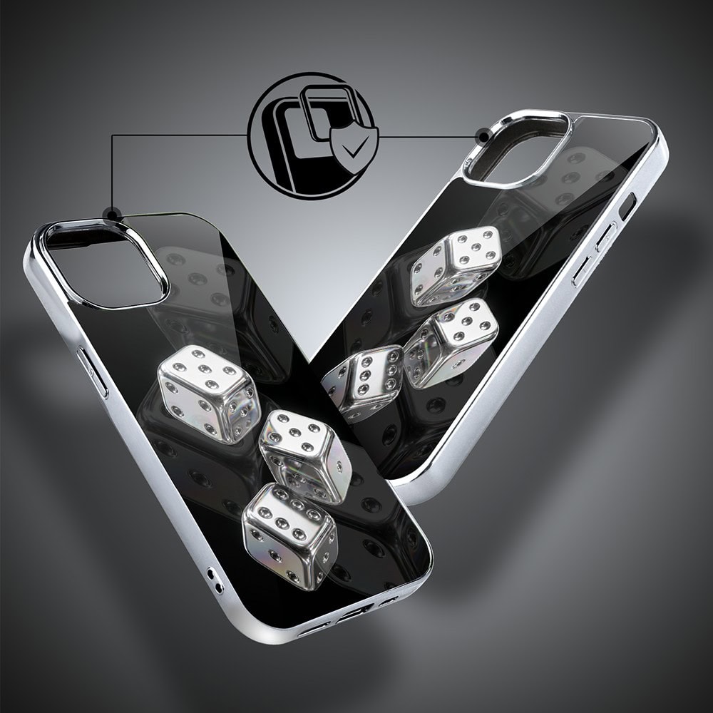 Etui do iPhone 14, Elite Glass, szklany tył, Nocturne, Kości do gry, srebrne (3)