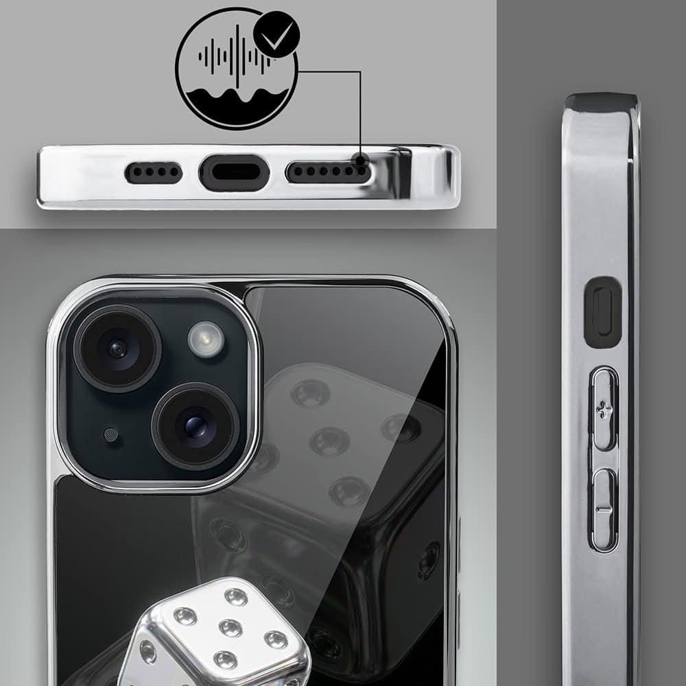 Etui do iPhone 14, Elite Glass, szklany tył, Nocturne, Kości do gry, srebrne (5)