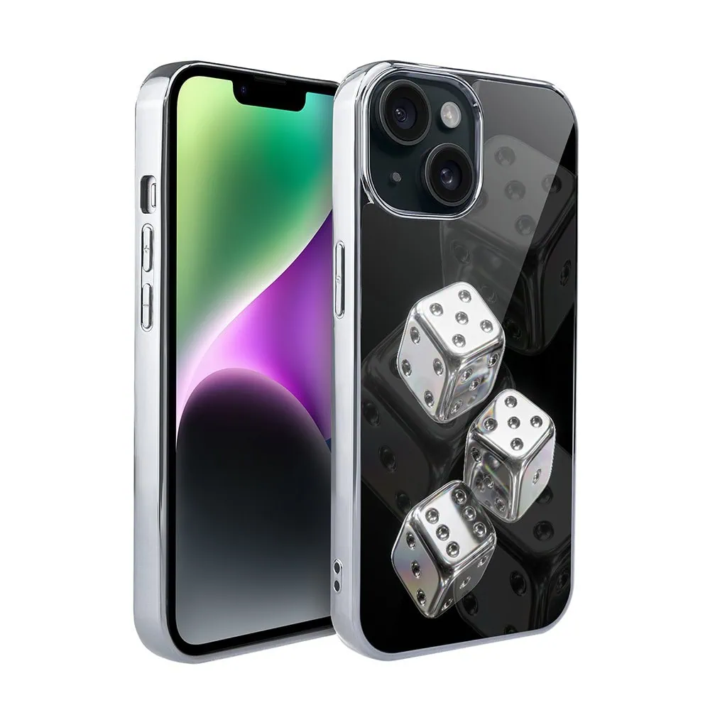 Etui do iPhone 14, Elite Glass, szklany tył,  Nocturne, Kości do gry, srebrne