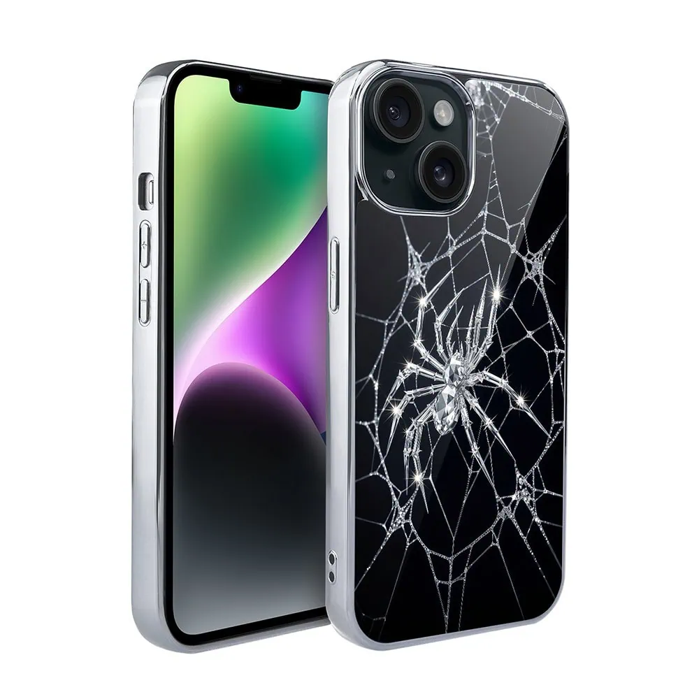 Etui do iPhone 14, Elite Glass, szklany tył, Nocturne, Kryształowy pająk, srebrne (2)