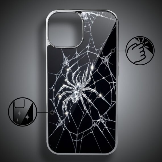 Etui do iPhone 14, Elite Glass, szklany tył, Nocturne, Kryształowy pająk, srebrne (3)