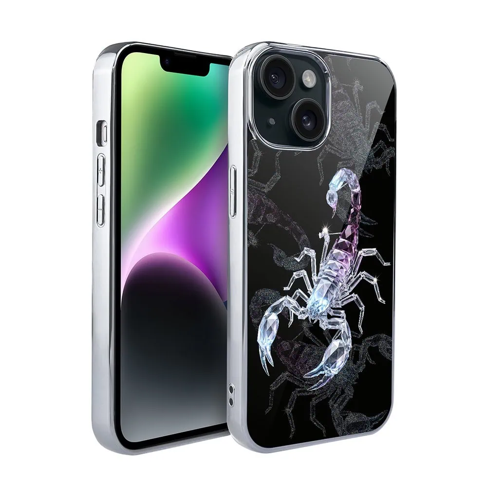 Etui do iPhone 14, Elite Glass, szklany tył,  Nocturne, Kryształowy skorpion, srebrne