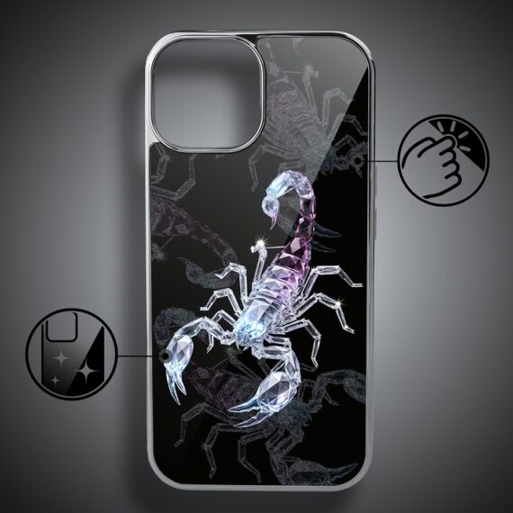Etui do iPhone 14, Elite Glass, szklany tył, Nocturne, Kryształowy skorpion, srebrne (2)