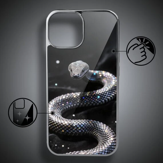 Etui do iPhone 14, Elite Glass, szklany tył, Nocturne, Kryształowy wąż srebrne (1)