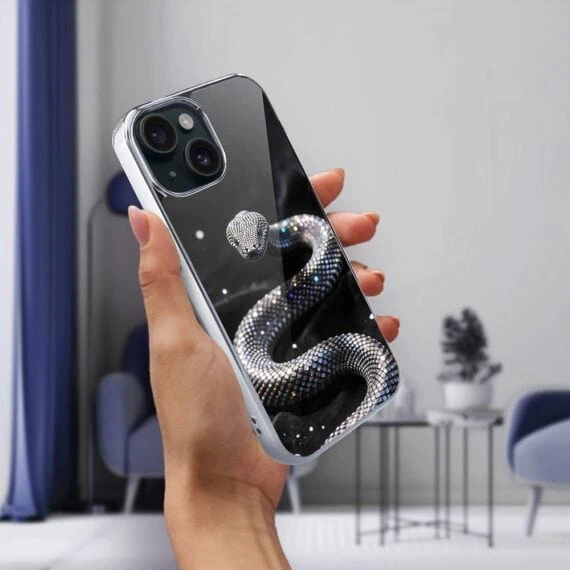 Etui do iPhone 14, Elite Glass, szklany tył, Nocturne, Kryształowy wąż srebrne (4)