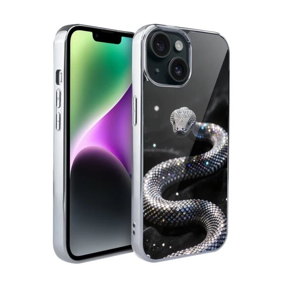 Etui do iPhone 14, Elite Glass, szklany tył, Nocturne, Kryształowy wąż srebrne (7)