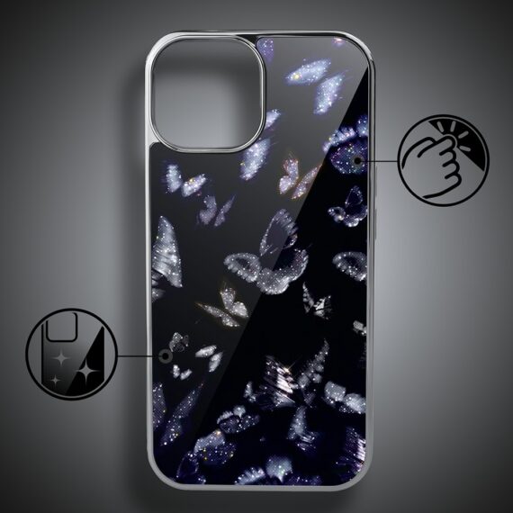 Etui do iPhone 14, Elite Glass, szklany tył, Nocturne, Nocny Motyl, srebrne (1)
