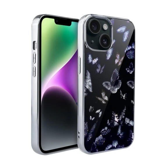 Etui do iPhone 14, Elite Glass, szklany tył, Nocturne, Nocny Motyl, srebrne (7)