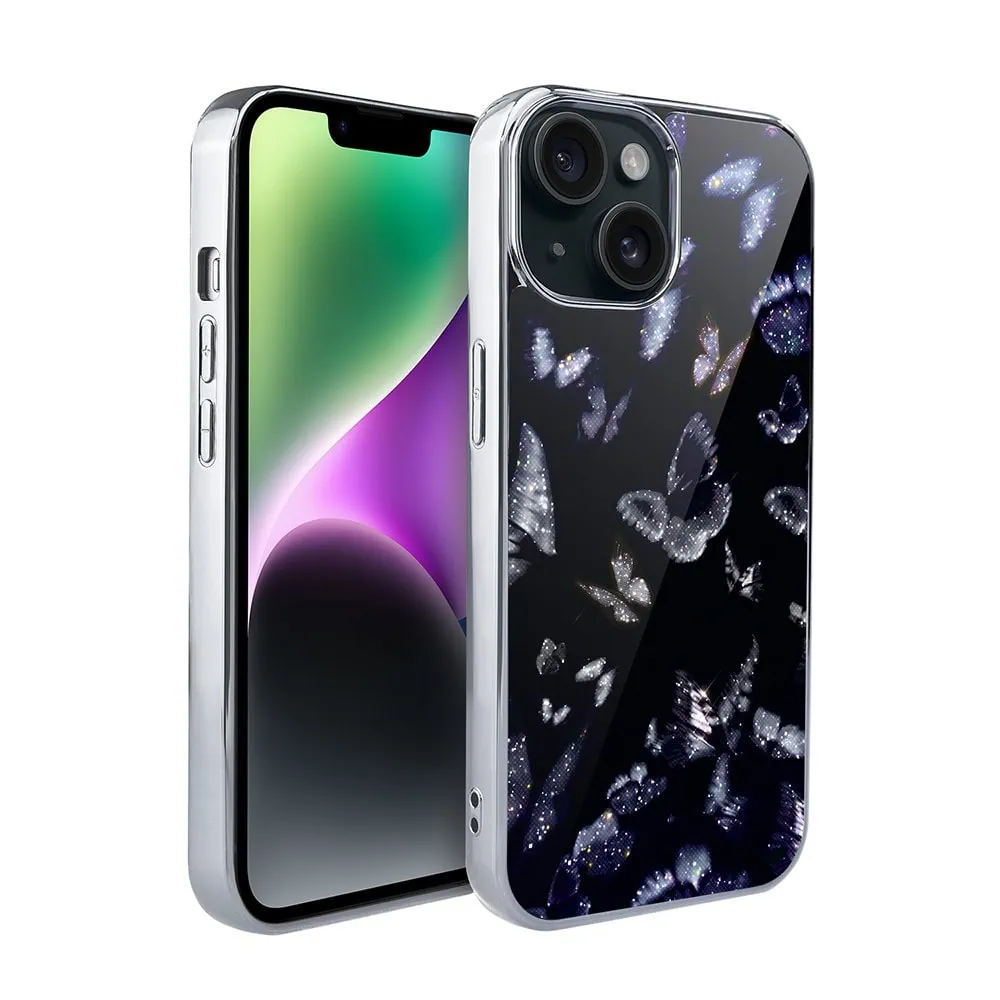 Etui do iPhone 14, Elite Glass, szklany tył,  Nocturne, Nocny Motyl, srebrne