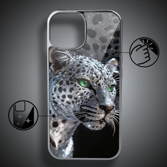 Etui do iPhone 14, Elite Glass, szklany tył, Nocturne, Oczy pantery, srebrne (1)